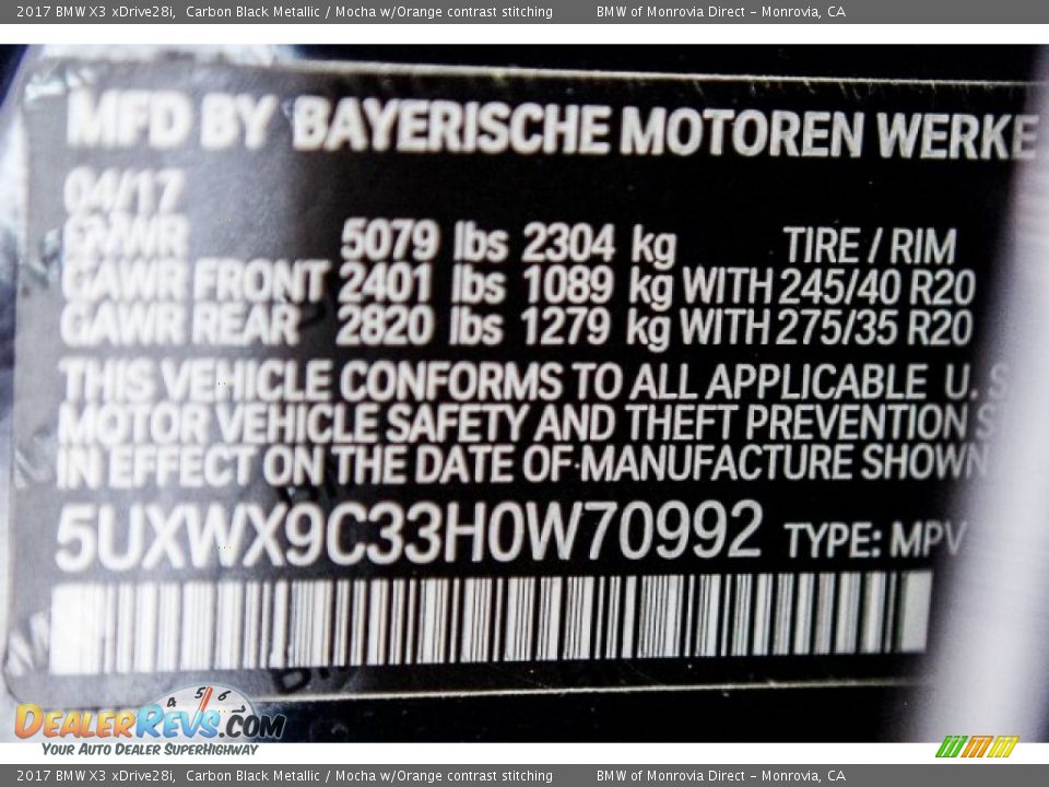 2017 BMW X3 xDrive28i Carbon Black Metallic / Mocha w/Orange contrast stitching Photo #11