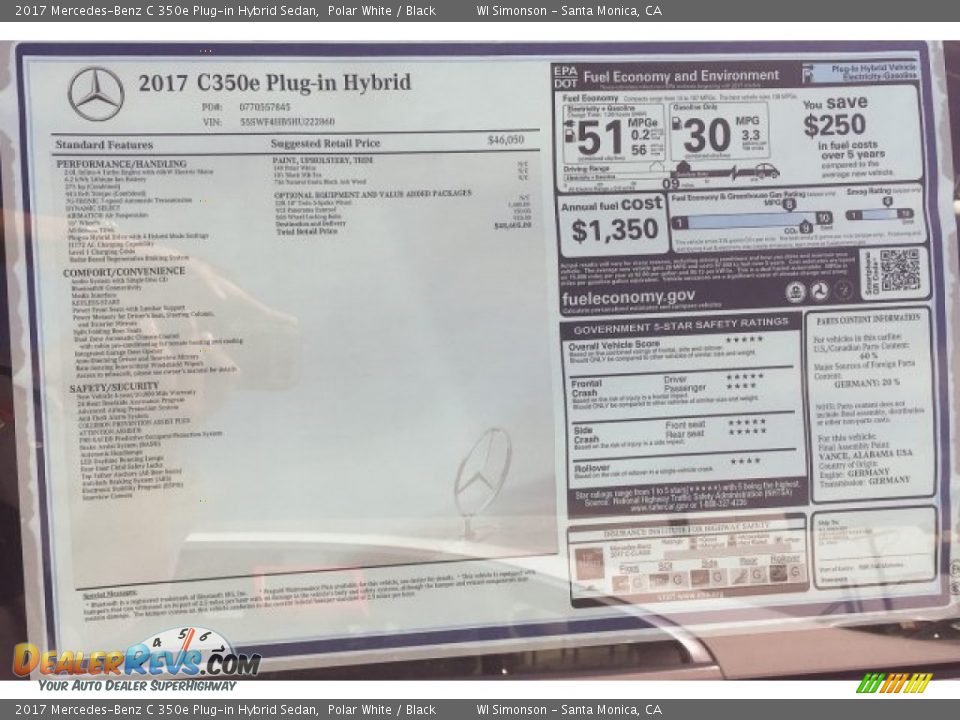 2017 Mercedes-Benz C 350e Plug-in Hybrid Sedan Window Sticker Photo #11