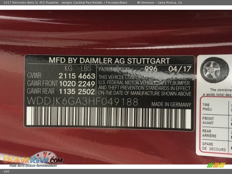 Mercedes-Benz Color Code 996 designo Cardinal Red Metallic