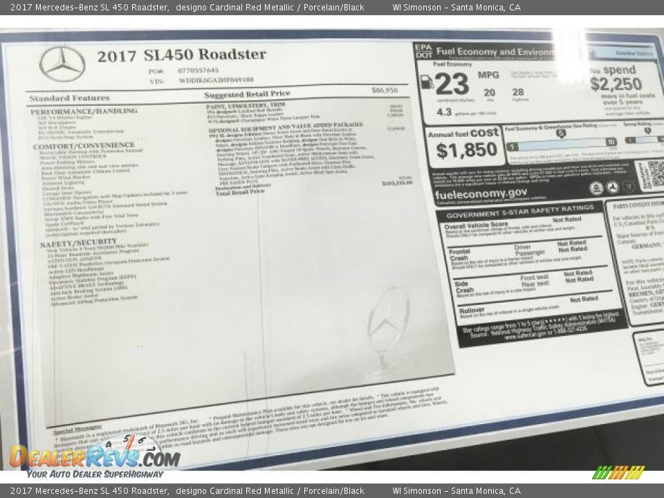 2017 Mercedes-Benz SL 450 Roadster Window Sticker Photo #12