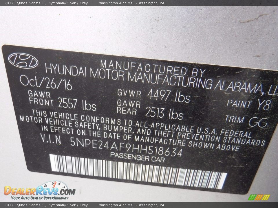 2017 Hyundai Sonata SE Symphony Silver / Gray Photo #24
