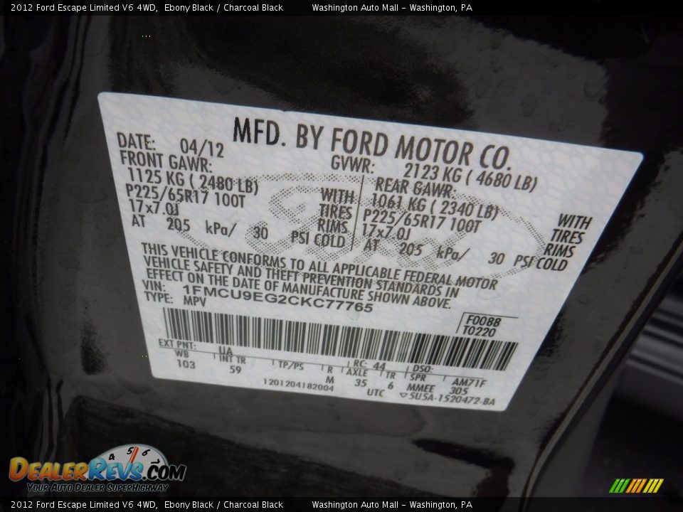 2012 Ford Escape Limited V6 4WD Ebony Black / Charcoal Black Photo #27