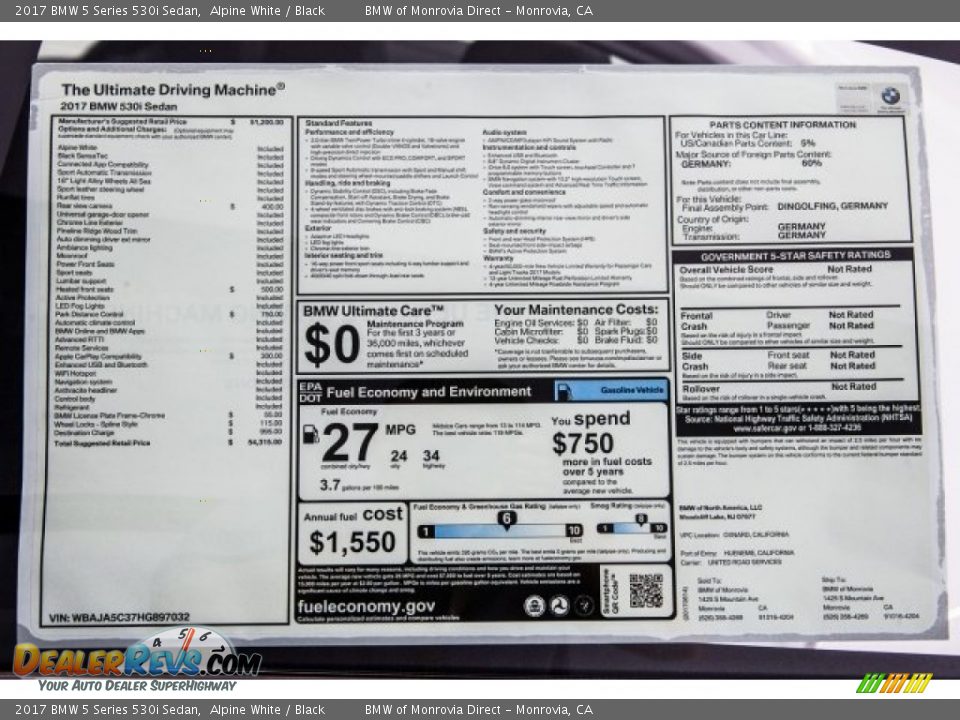 2017 BMW 5 Series 530i Sedan Alpine White / Black Photo #10