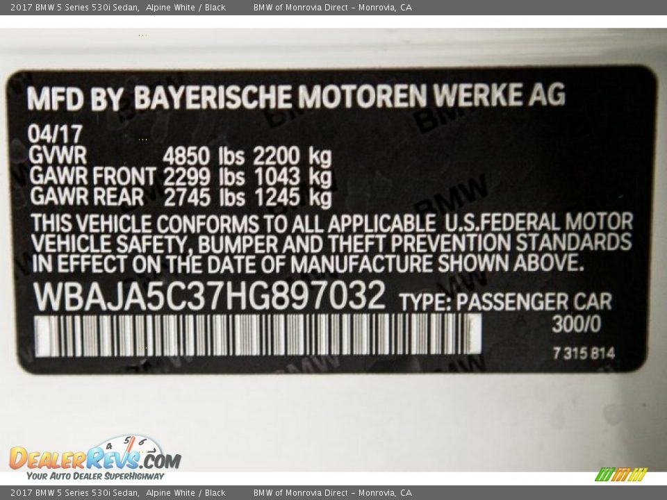 2017 BMW 5 Series 530i Sedan Alpine White / Black Photo #11