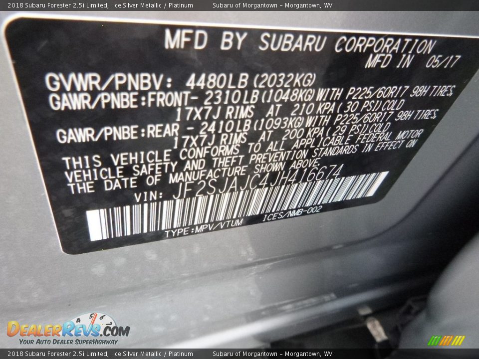 2018 Subaru Forester 2.5i Limited Ice Silver Metallic / Platinum Photo #16