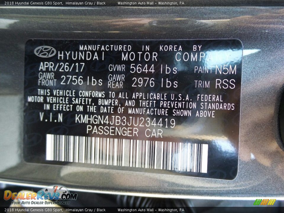 2018 Hyundai Genesis G80 Sport Himalayan Gray / Black Photo #10