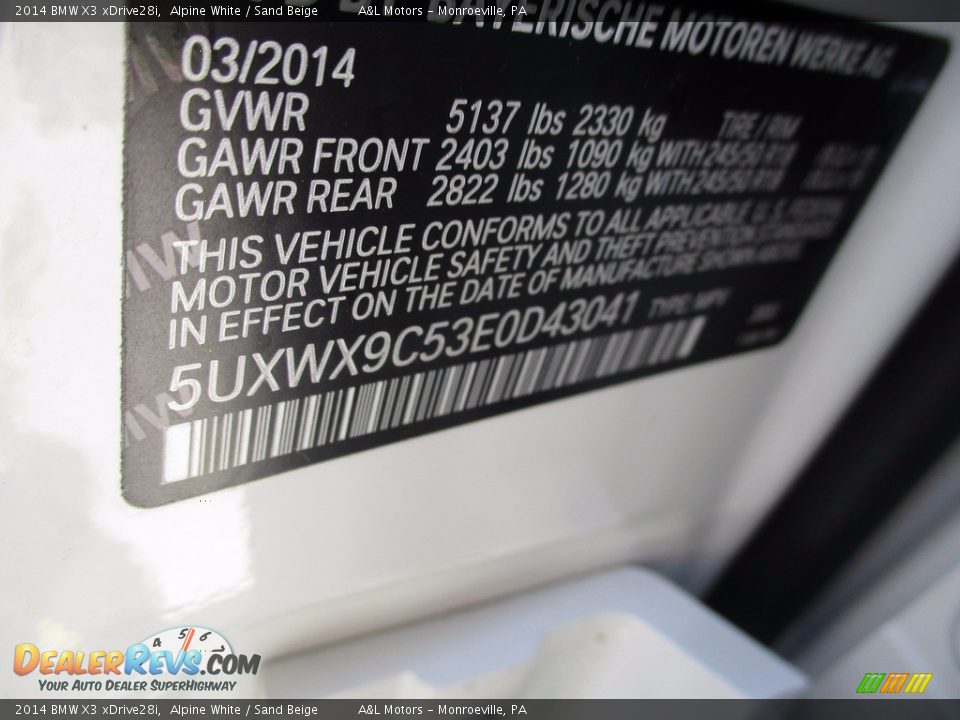2014 BMW X3 xDrive28i Alpine White / Sand Beige Photo #19
