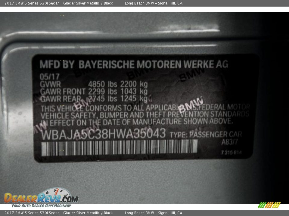 2017 BMW 5 Series 530i Sedan Glacier Silver Metallic / Black Photo #12