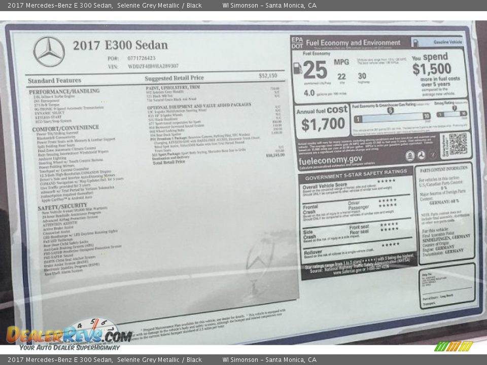 2017 Mercedes-Benz E 300 Sedan Selenite Grey Metallic / Black Photo #11