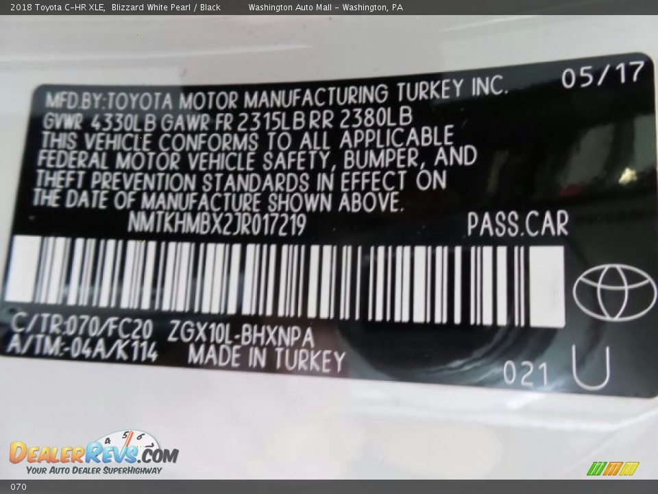 Toyota Color Code 070 Blizzard White Pearl