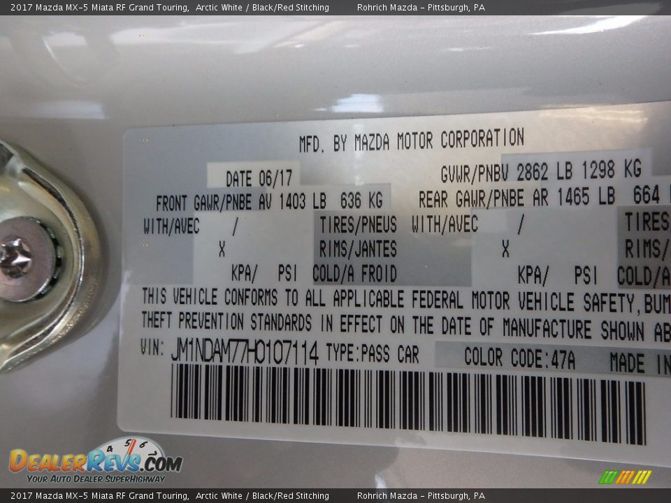 2017 Mazda MX-5 Miata RF Grand Touring Arctic White / Black/Red Stitching Photo #10