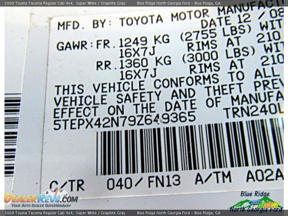 2009 Toyota Tacoma Regular Cab 4x4 Super White / Graphite Gray Photo #19