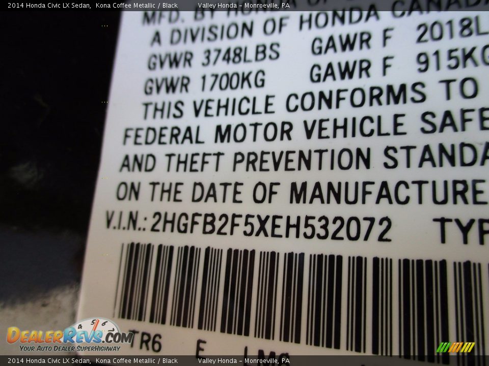 2014 Honda Civic LX Sedan Kona Coffee Metallic / Black Photo #19