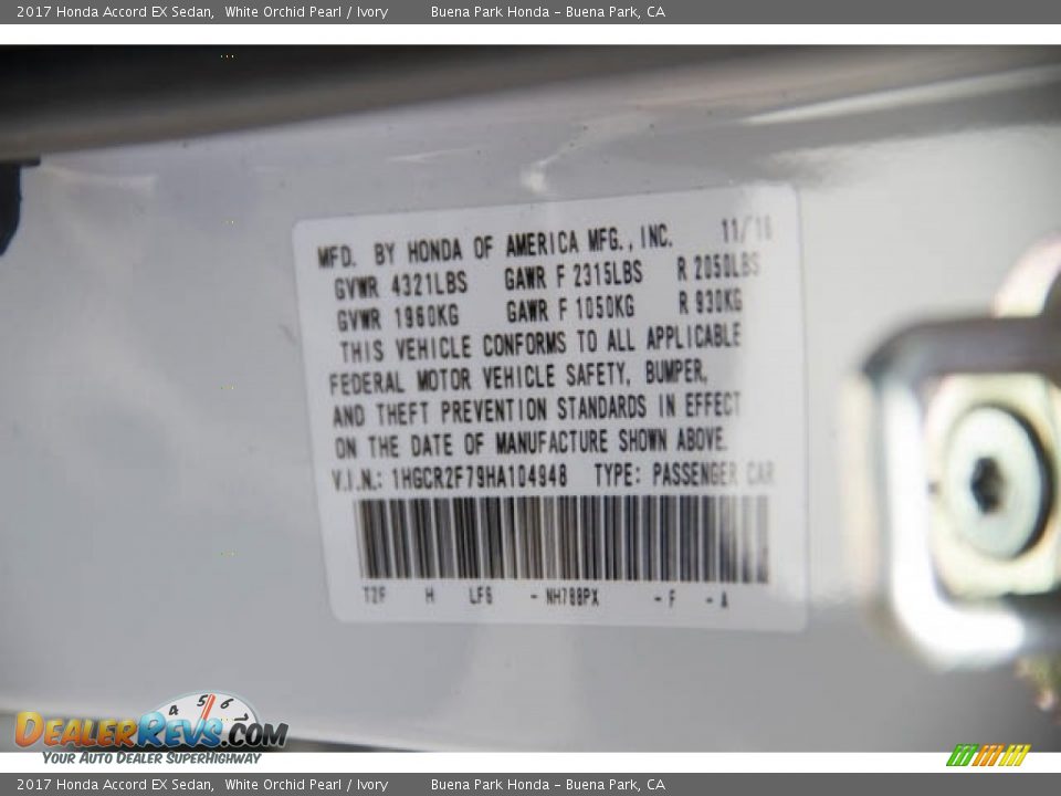 2017 Honda Accord EX Sedan White Orchid Pearl / Ivory Photo #19