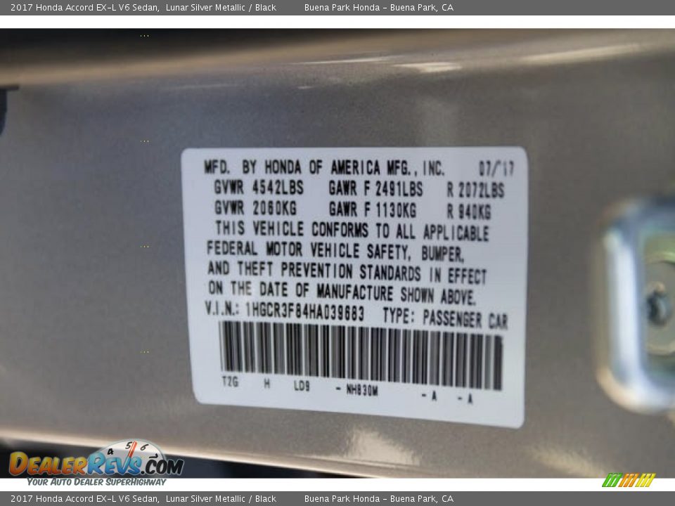 2017 Honda Accord EX-L V6 Sedan Lunar Silver Metallic / Black Photo #21