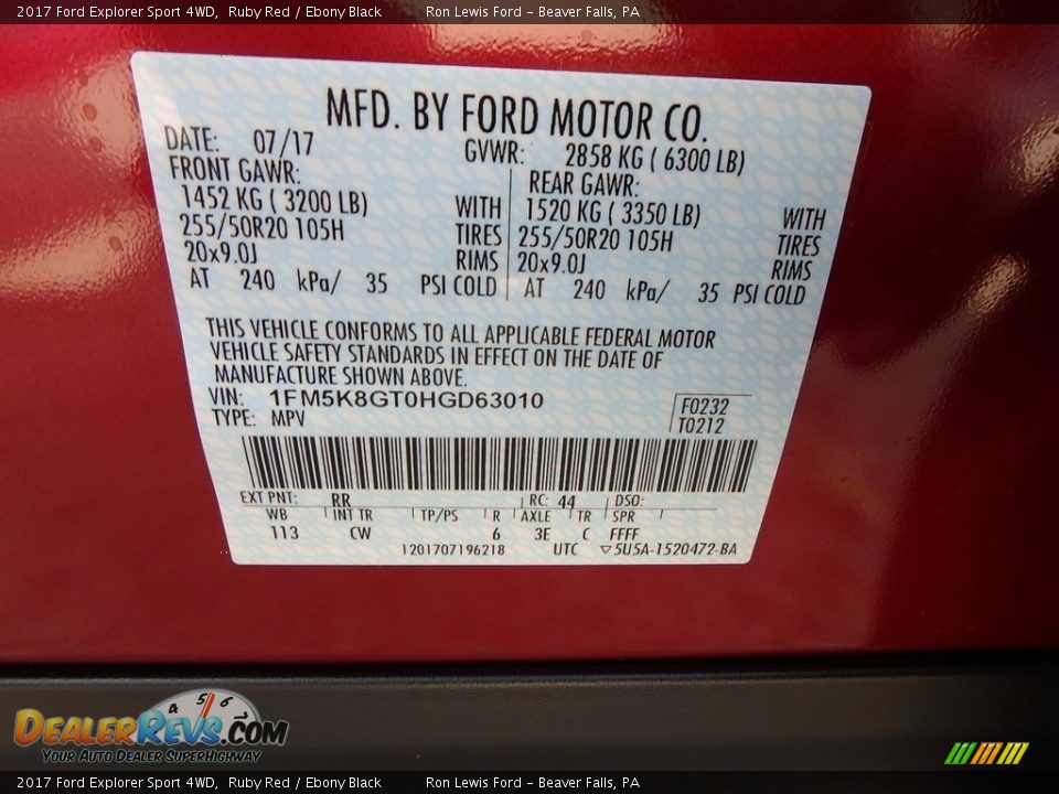 2017 Ford Explorer Sport 4WD Ruby Red / Ebony Black Photo #15