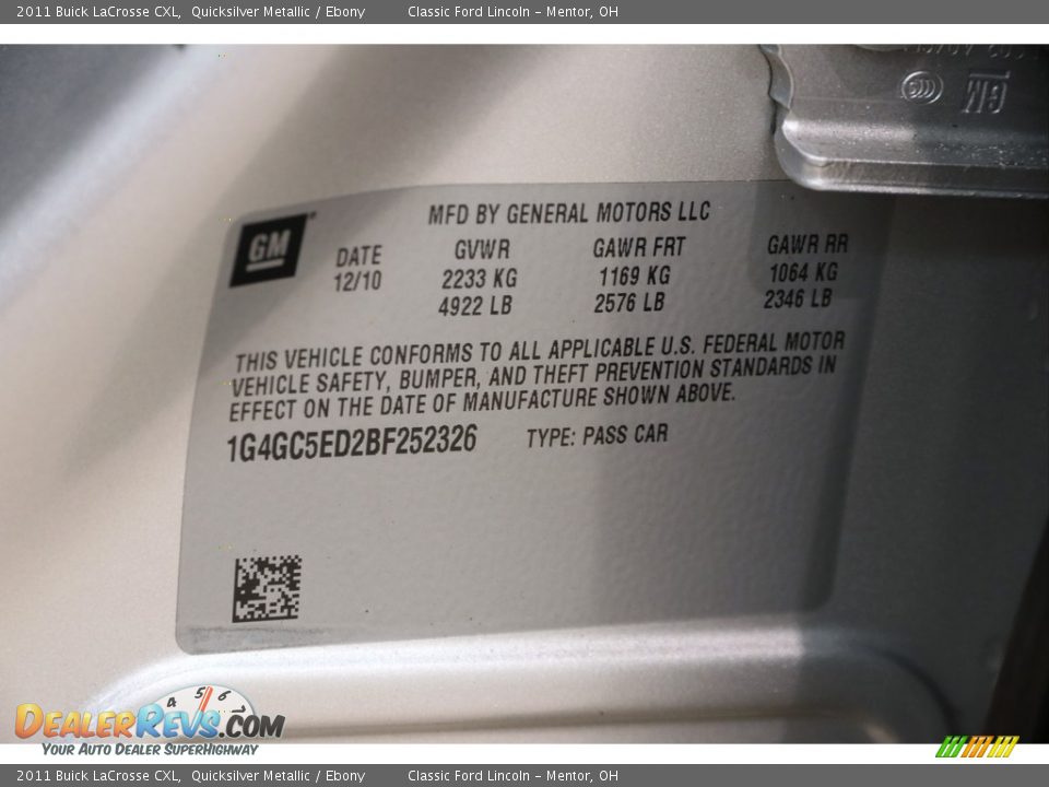 2011 Buick LaCrosse CXL Quicksilver Metallic / Ebony Photo #19