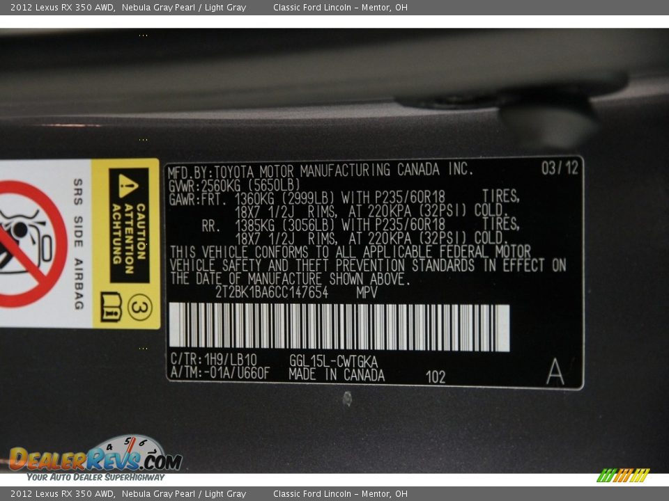 2012 Lexus RX 350 AWD Nebula Gray Pearl / Light Gray Photo #16
