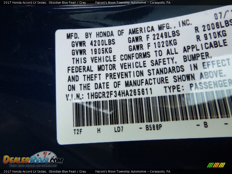 2017 Honda Accord LX Sedan Obsidian Blue Pearl / Gray Photo #12