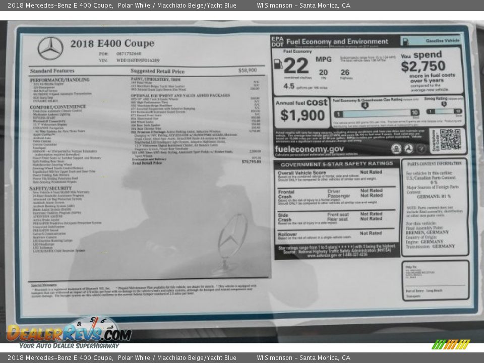 2018 Mercedes-Benz E 400 Coupe Window Sticker Photo #11