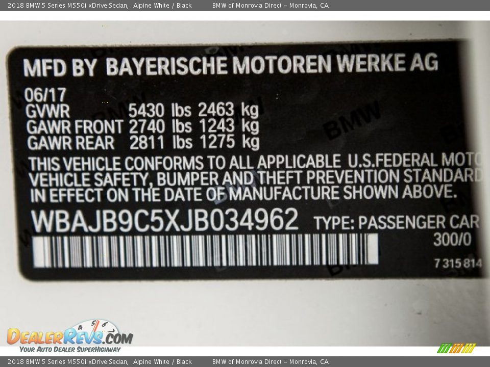2018 BMW 5 Series M550i xDrive Sedan Alpine White / Black Photo #11