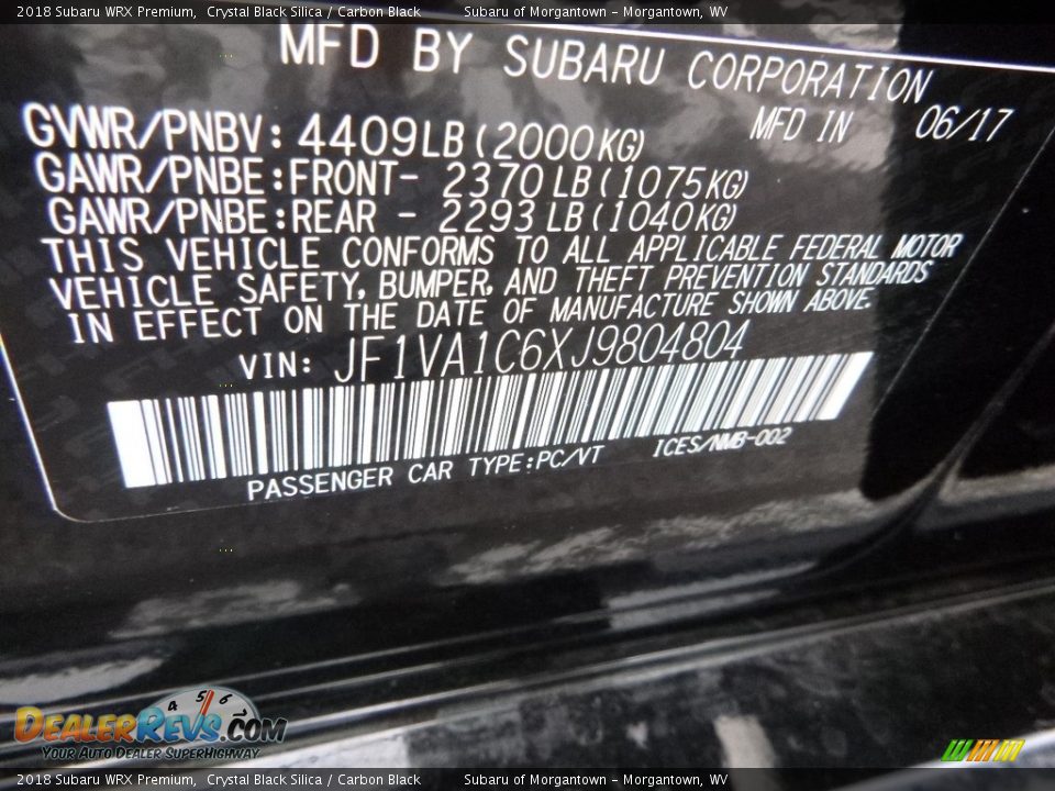 2018 Subaru WRX Premium Crystal Black Silica / Carbon Black Photo #15
