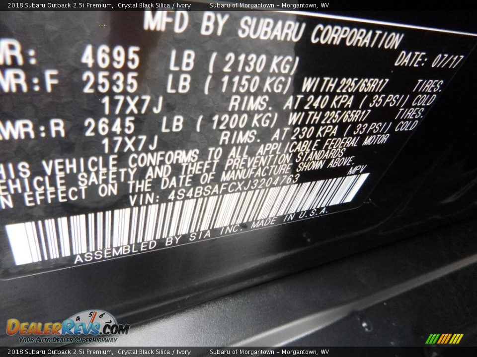 2018 Subaru Outback 2.5i Premium Crystal Black Silica / Ivory Photo #16