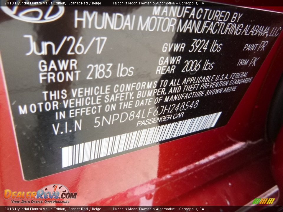 2018 Hyundai Elantra Value Edition Scarlet Red / Beige Photo #13