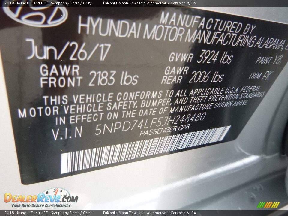 2018 Hyundai Elantra SE Symphony Silver / Gray Photo #13