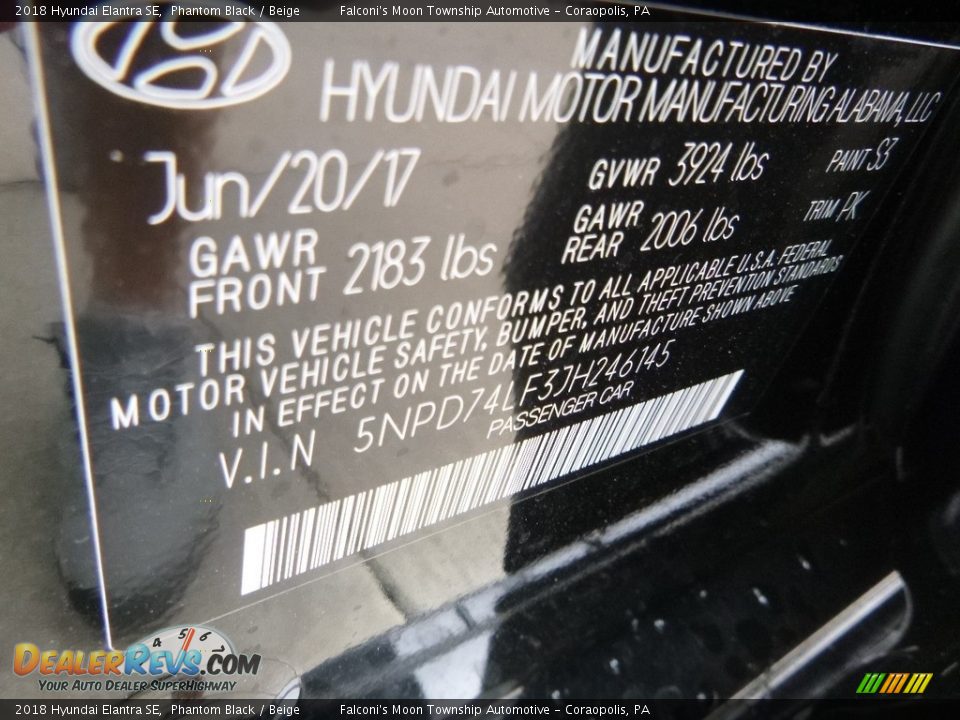 2018 Hyundai Elantra SE Phantom Black / Beige Photo #14