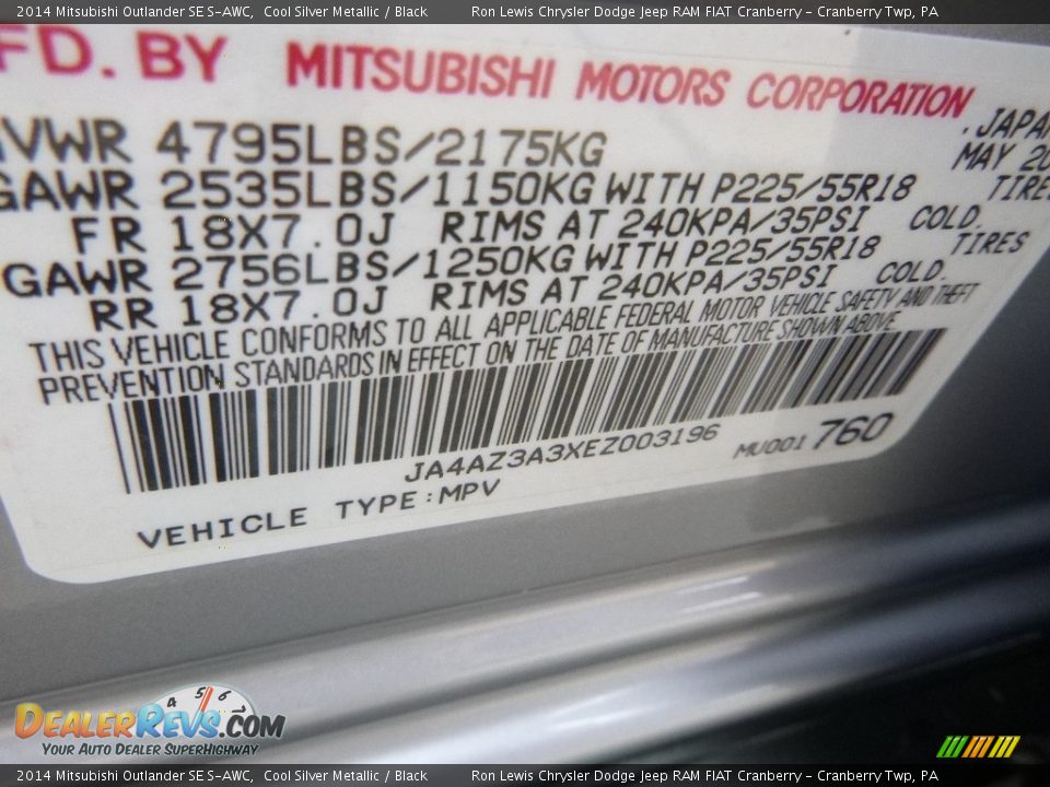2014 Mitsubishi Outlander SE S-AWC Cool Silver Metallic / Black Photo #16