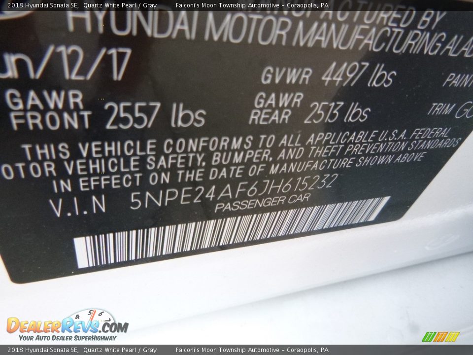 2018 Hyundai Sonata SE Quartz White Pearl / Gray Photo #13