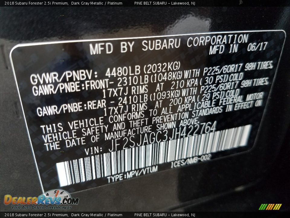 2018 Subaru Forester 2.5i Premium Dark Gray Metallic / Platinum Photo #9