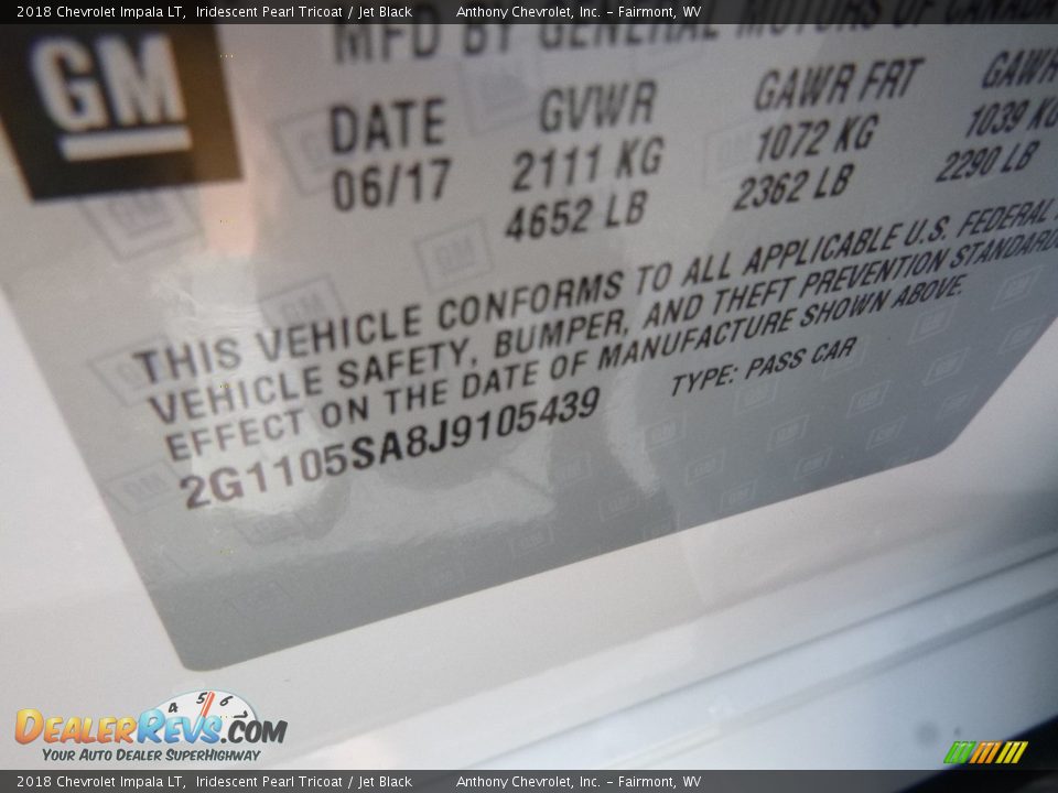 2018 Chevrolet Impala LT Iridescent Pearl Tricoat / Jet Black Photo #15