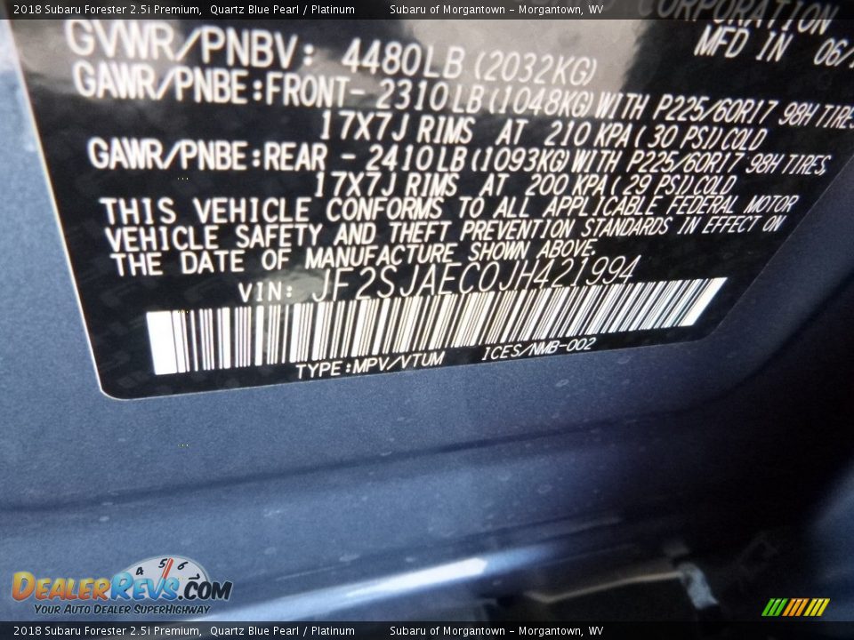 2018 Subaru Forester 2.5i Premium Quartz Blue Pearl / Platinum Photo #16