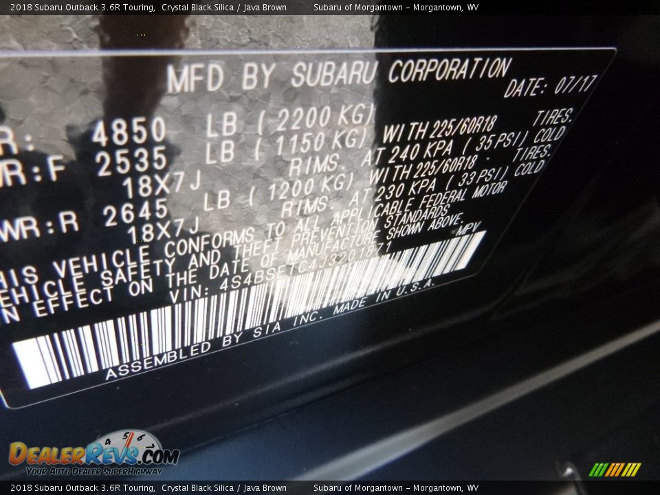 2018 Subaru Outback 3.6R Touring Crystal Black Silica / Java Brown Photo #9