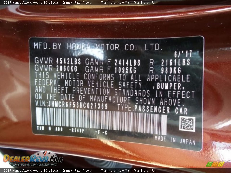 2017 Honda Accord Hybrid EX-L Sedan Crimson Pearl / Ivory Photo #8