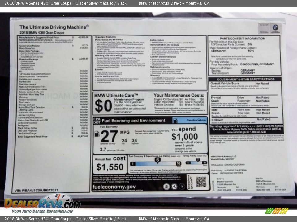 2018 BMW 4 Series 430i Gran Coupe Glacier Silver Metallic / Black Photo #10