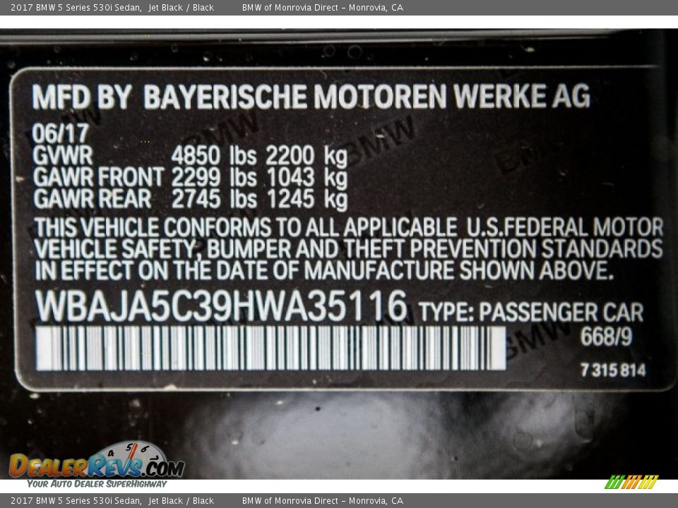 2017 BMW 5 Series 530i Sedan Jet Black / Black Photo #11