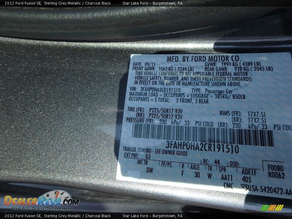 2012 Ford Fusion SE Sterling Grey Metallic / Charcoal Black Photo #12