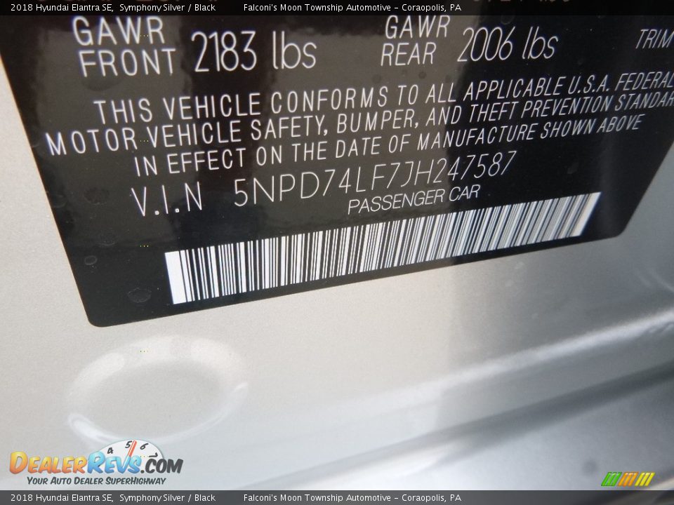 2018 Hyundai Elantra SE Symphony Silver / Black Photo #13