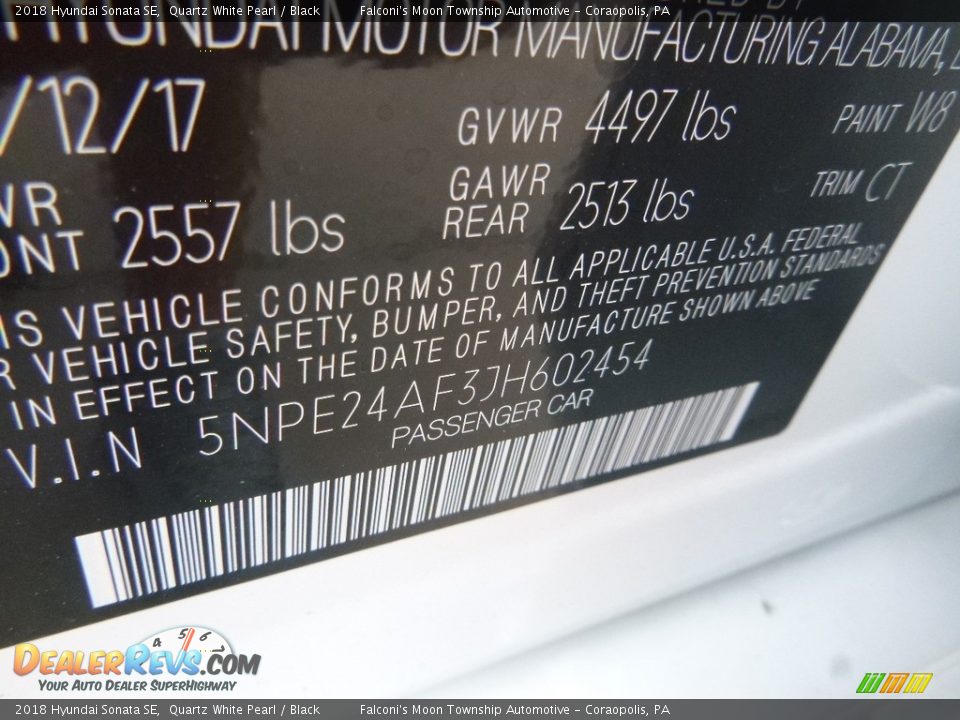 2018 Hyundai Sonata SE Quartz White Pearl / Black Photo #12
