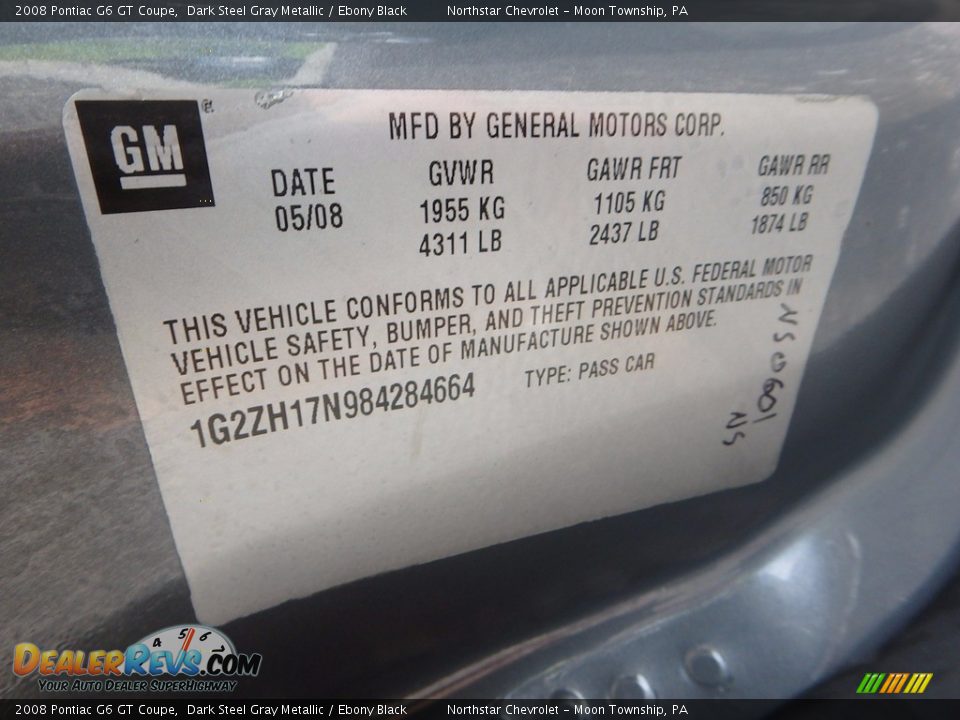2008 Pontiac G6 GT Coupe Dark Steel Gray Metallic / Ebony Black Photo #14