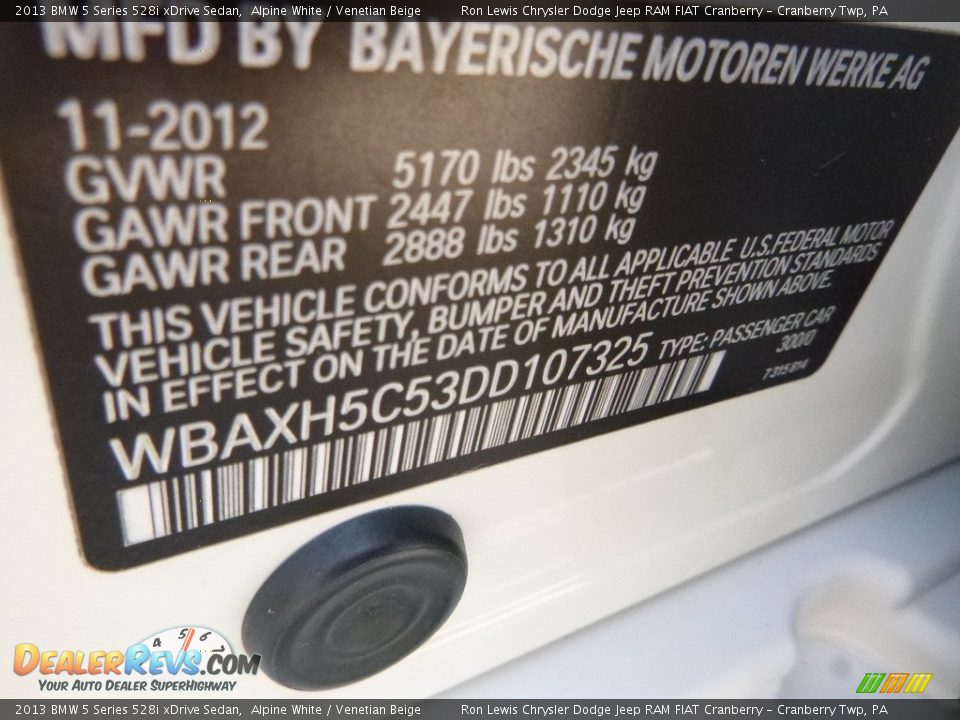 2013 BMW 5 Series 528i xDrive Sedan Alpine White / Venetian Beige Photo #15
