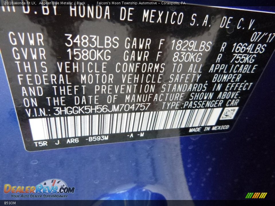 Honda Color Code B593M Aegean Blue Metallic