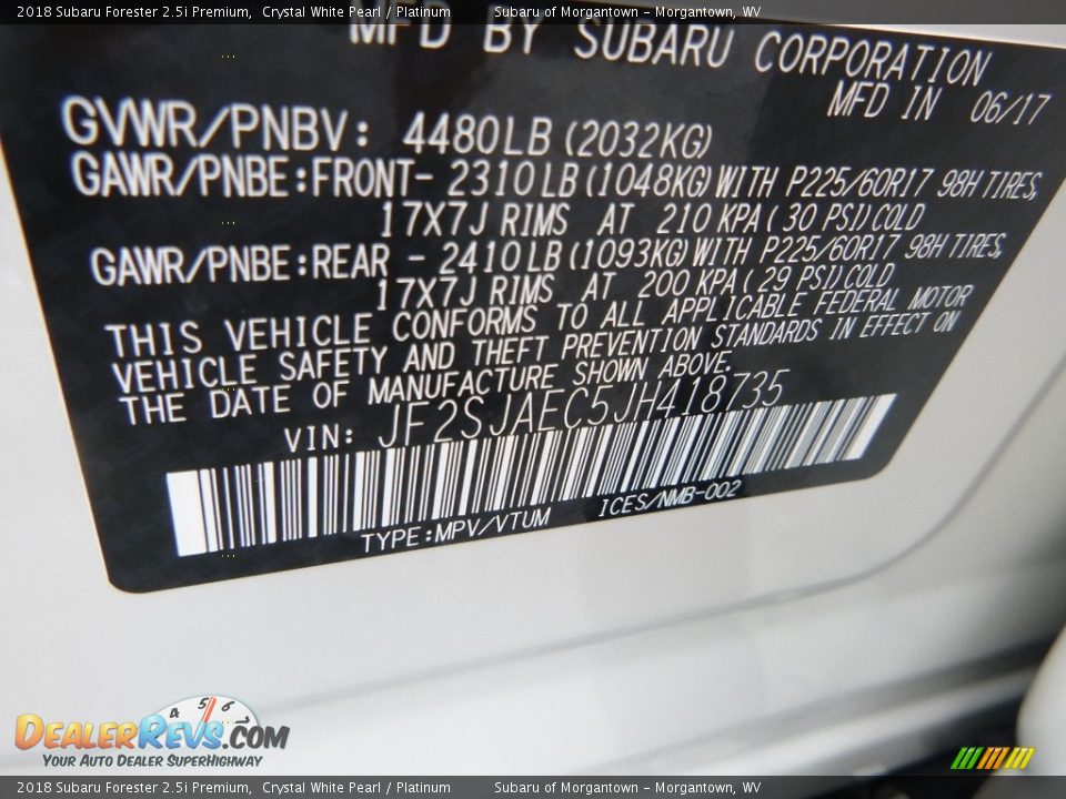 2018 Subaru Forester 2.5i Premium Crystal White Pearl / Platinum Photo #17
