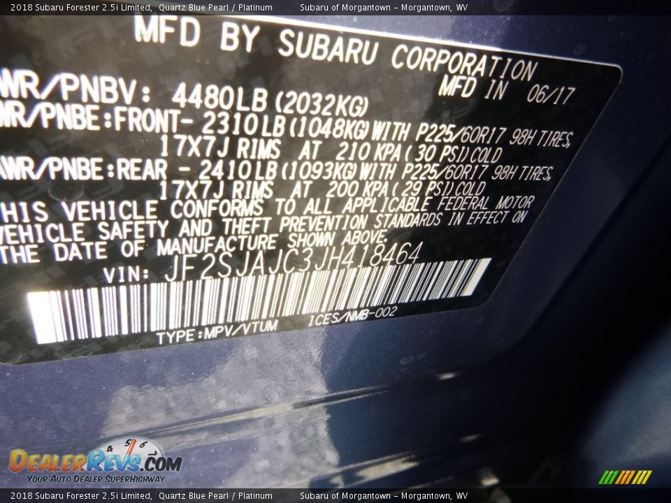 2018 Subaru Forester 2.5i Limited Quartz Blue Pearl / Platinum Photo #16