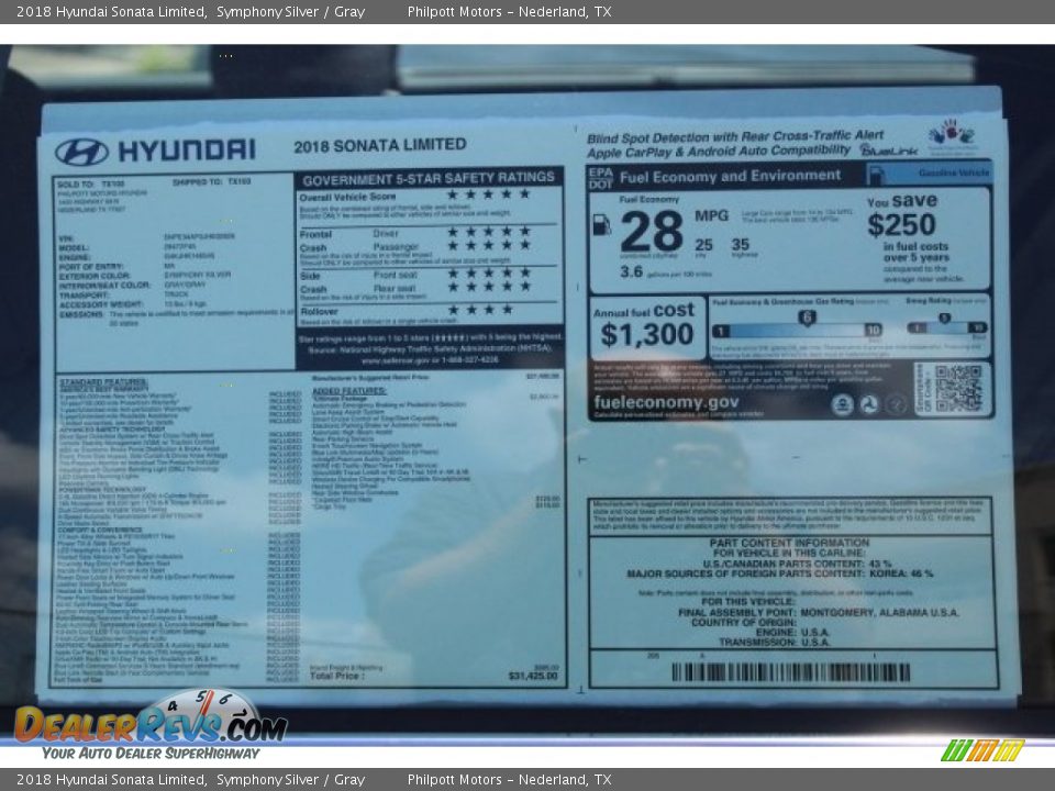 2018 Hyundai Sonata Limited Symphony Silver / Gray Photo #9