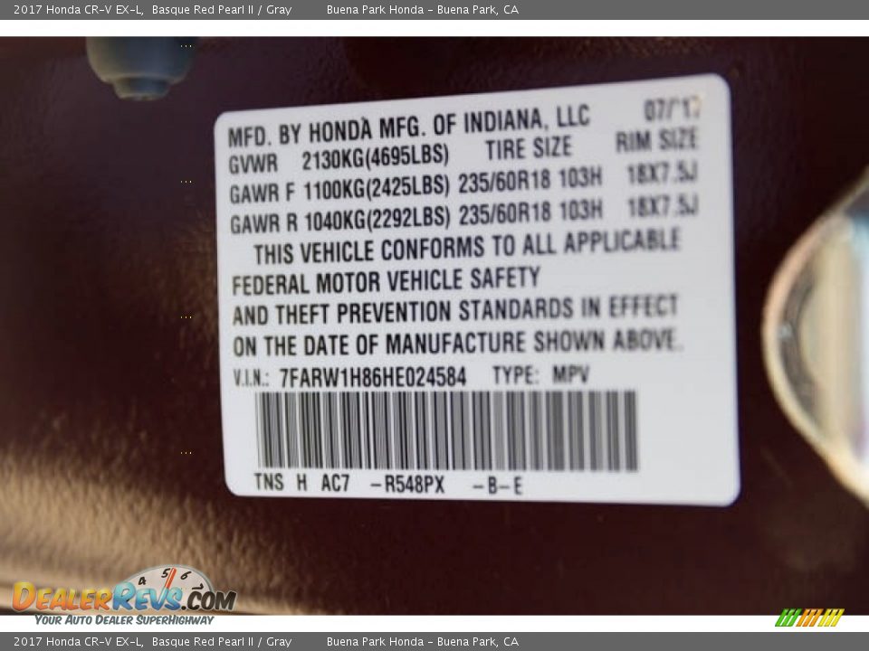 2017 Honda CR-V EX-L Basque Red Pearl II / Gray Photo #19