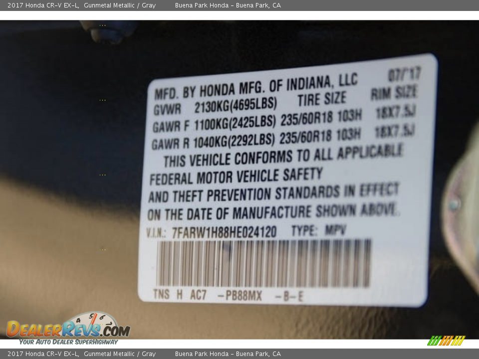 2017 Honda CR-V EX-L Gunmetal Metallic / Gray Photo #17